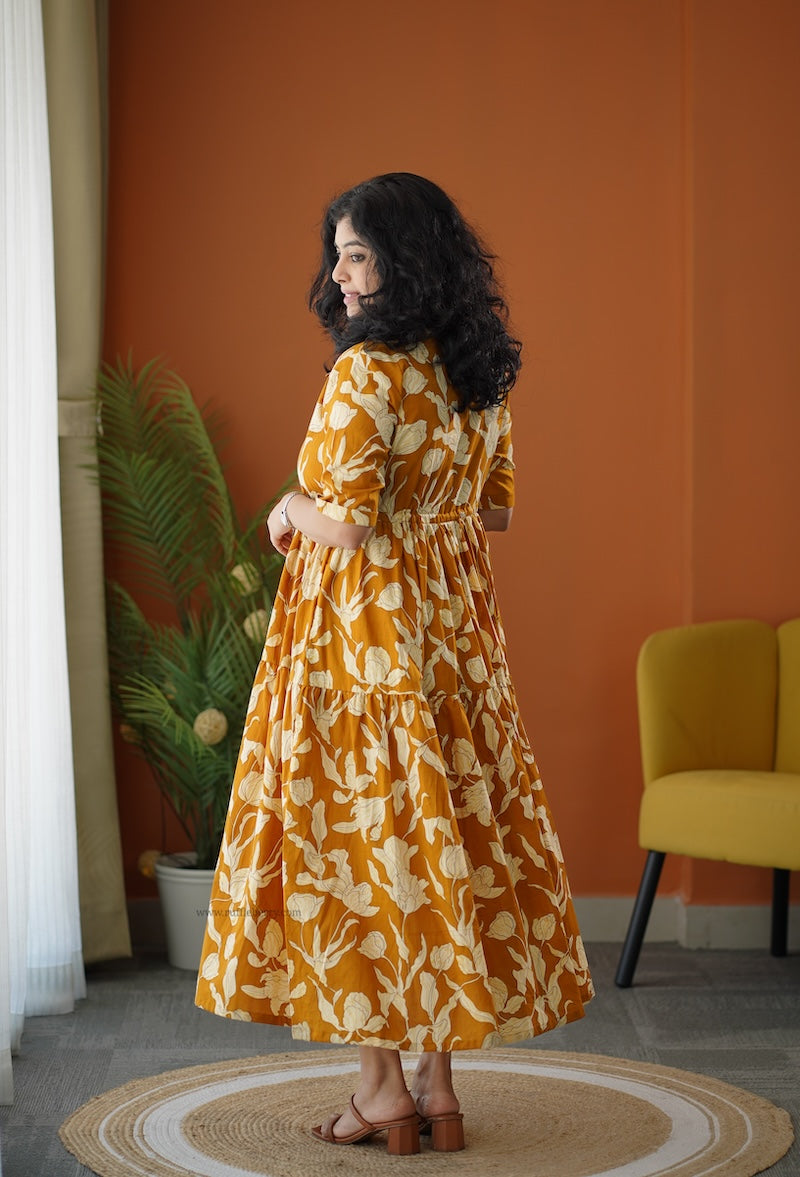 lela mustard yellow cotton shirt tier dress