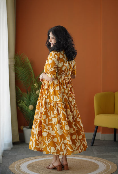 Lela Mustard Yellow Cotton Shirt Tier Dress