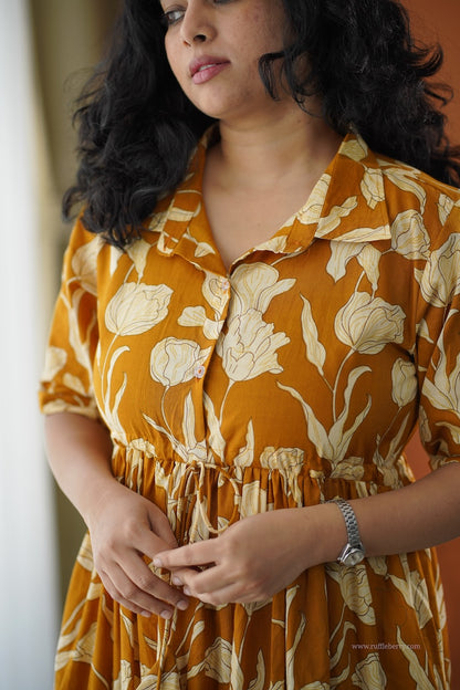 Lela Mustard Yellow Cotton Shirt Tier Dress