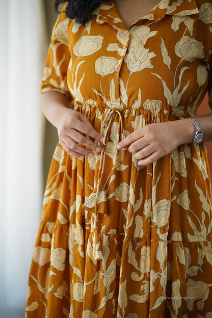 Lela Mustard Yellow Cotton Shirt Tier Dress