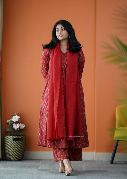 Nyra Ruby Red 3-Piece Cotton Co-ord Set