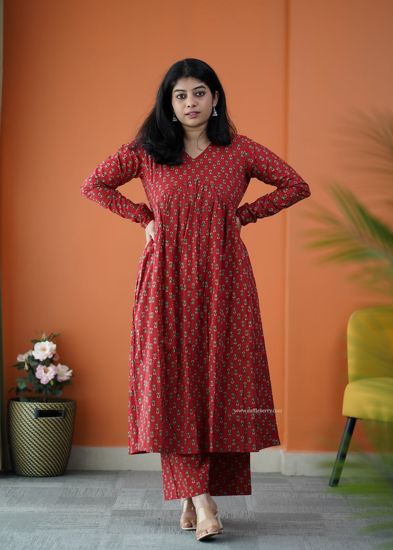 nyra ruby red 3-piece cotton co-ord set
