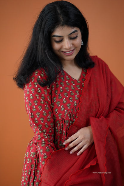 Nyra Ruby Red 3-Piece Cotton Co-ord Set