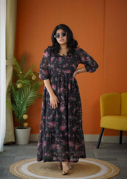 Elsa Charcoal Georgette Tier Dress