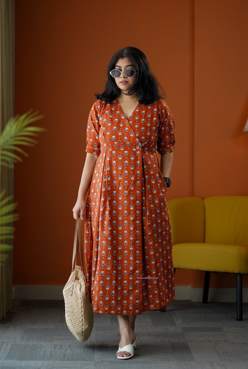 sumlove rust cotton button wrap dress