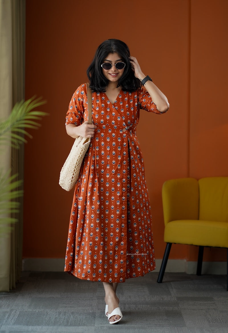 sumlove rust cotton button wrap dress