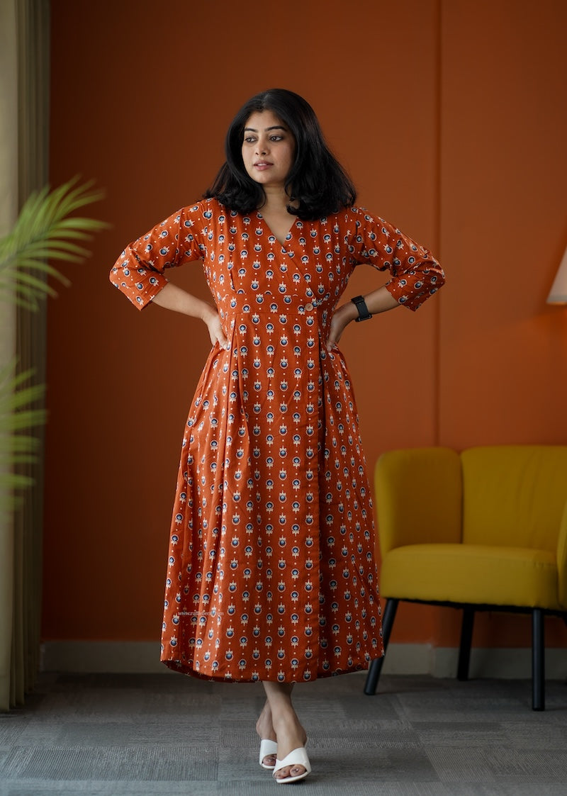 sumlove rust cotton button wrap dress