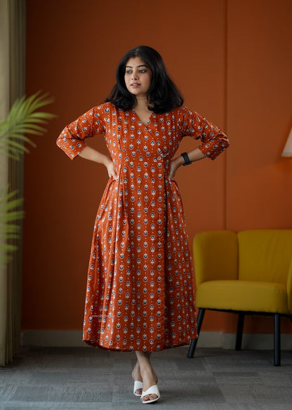 SumLove Rust Cotton Button Wrap Dress