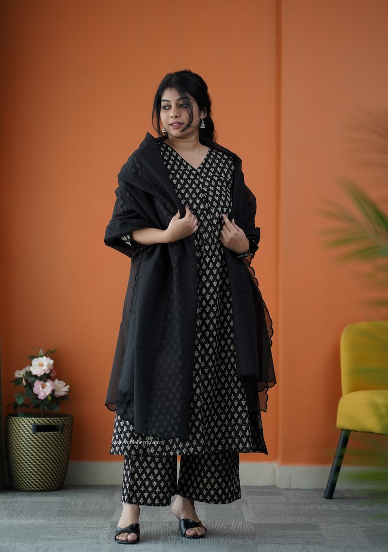 nyra black coffee 3-piece cotton co-ord set