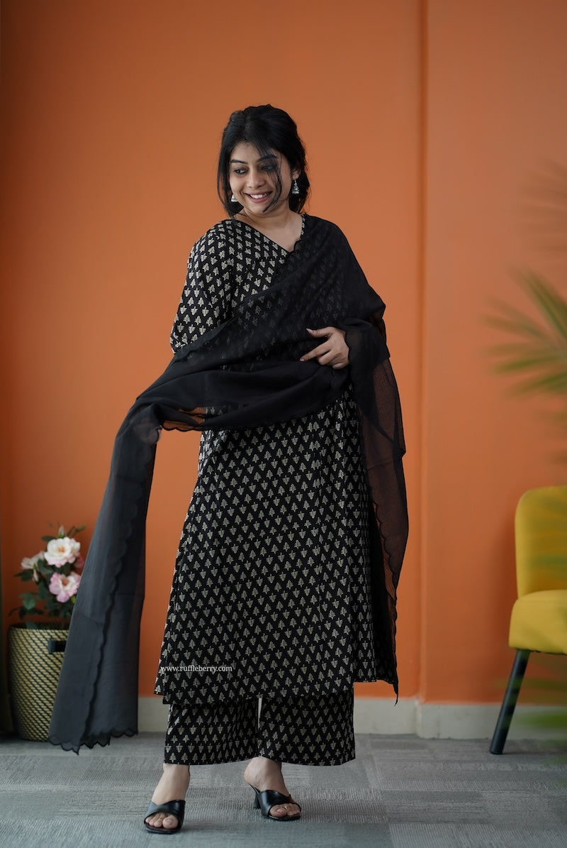 nyra black coffee 3-piece cotton co-ord set