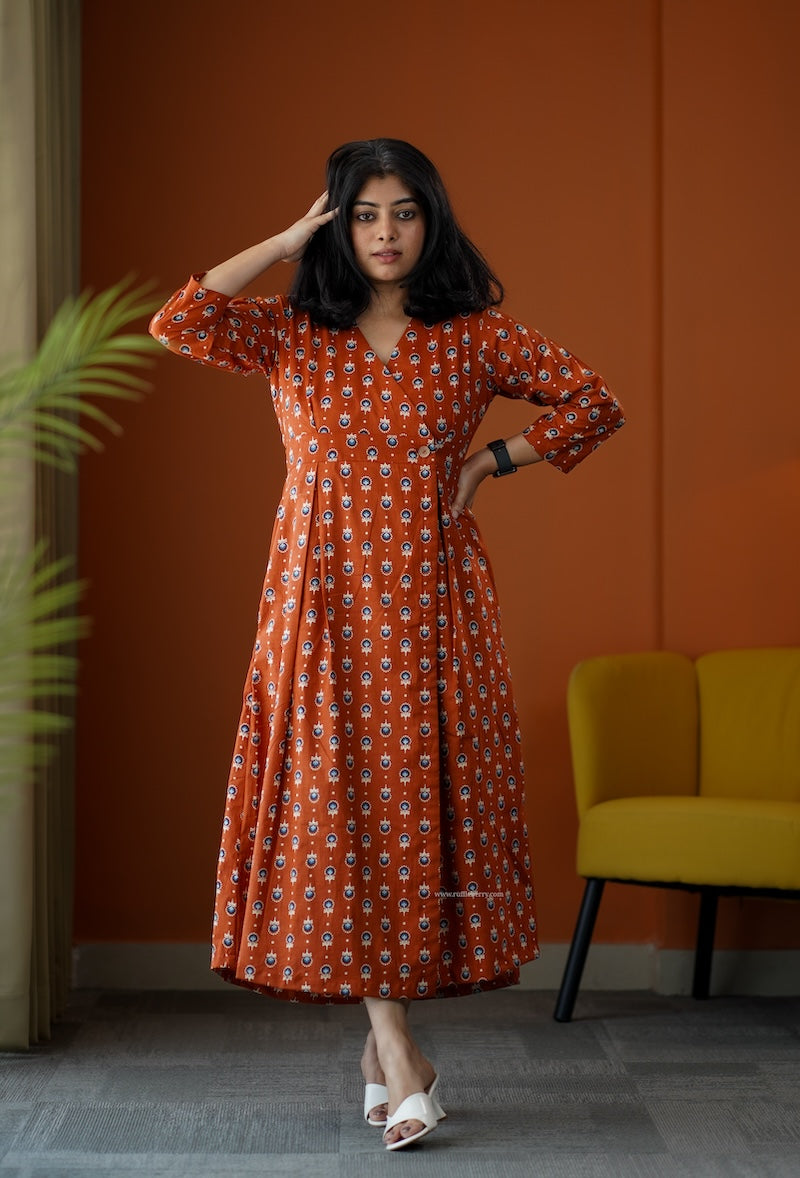 sumlove rust cotton button wrap dress