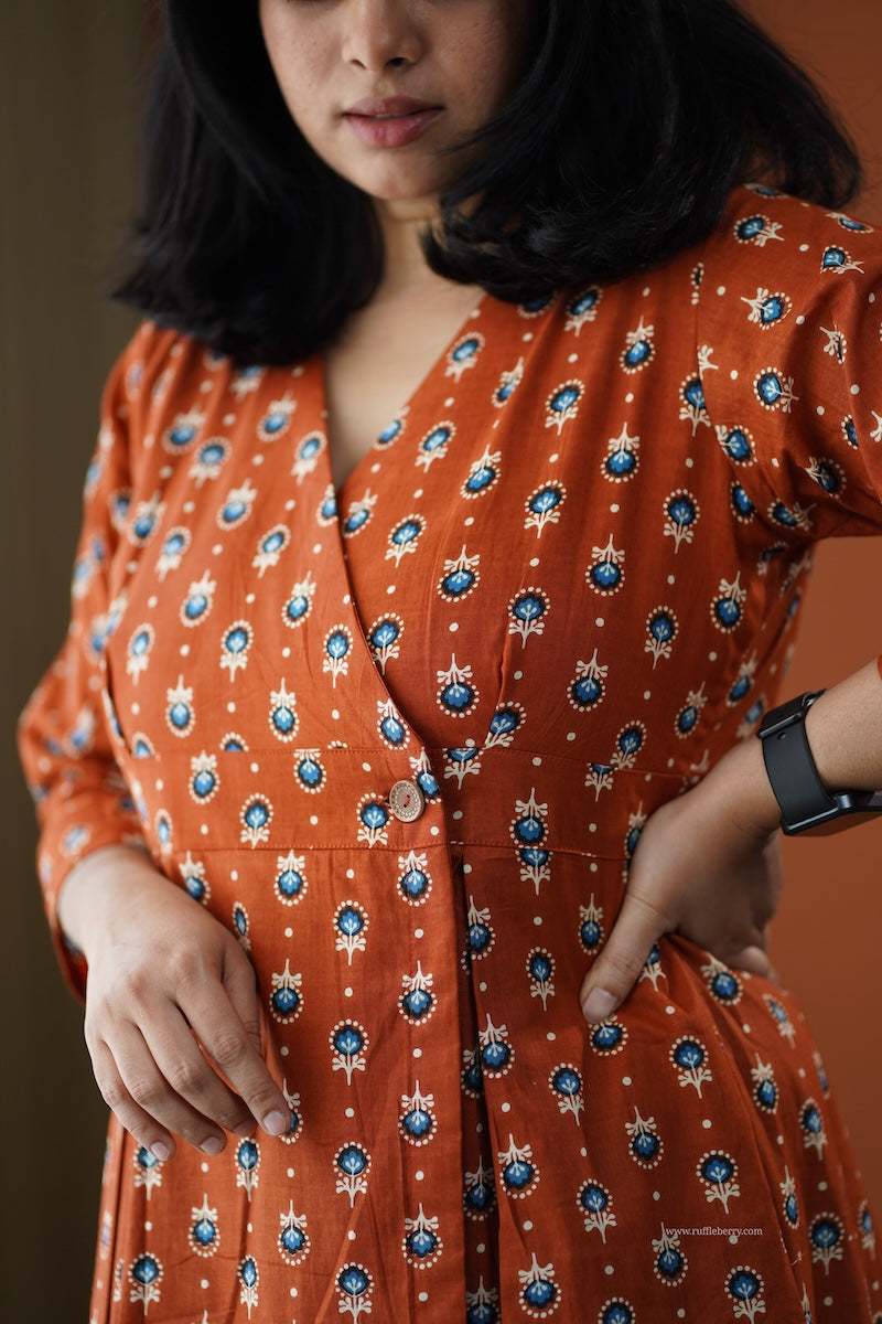 sumlove rust cotton button wrap dress
