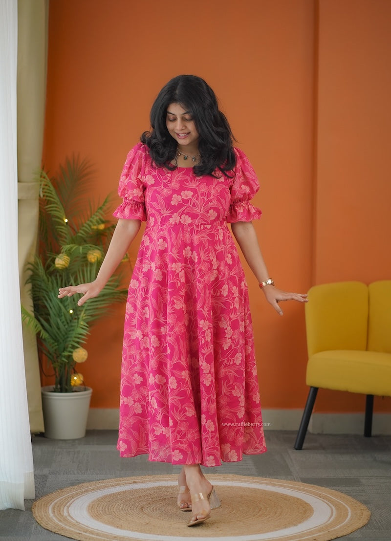 elsa pink georgette fit & flare dress