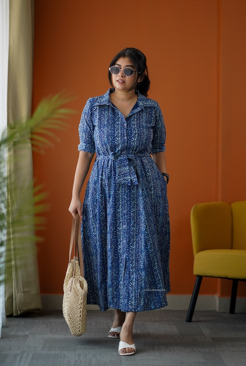 sumlove indigo cotton flared shirt dress
