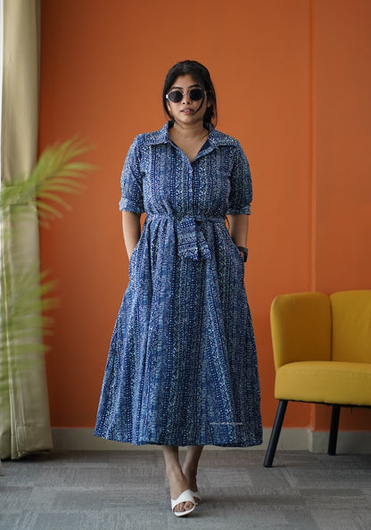 SumLove Indigo Cotton Flared Shirt Dress