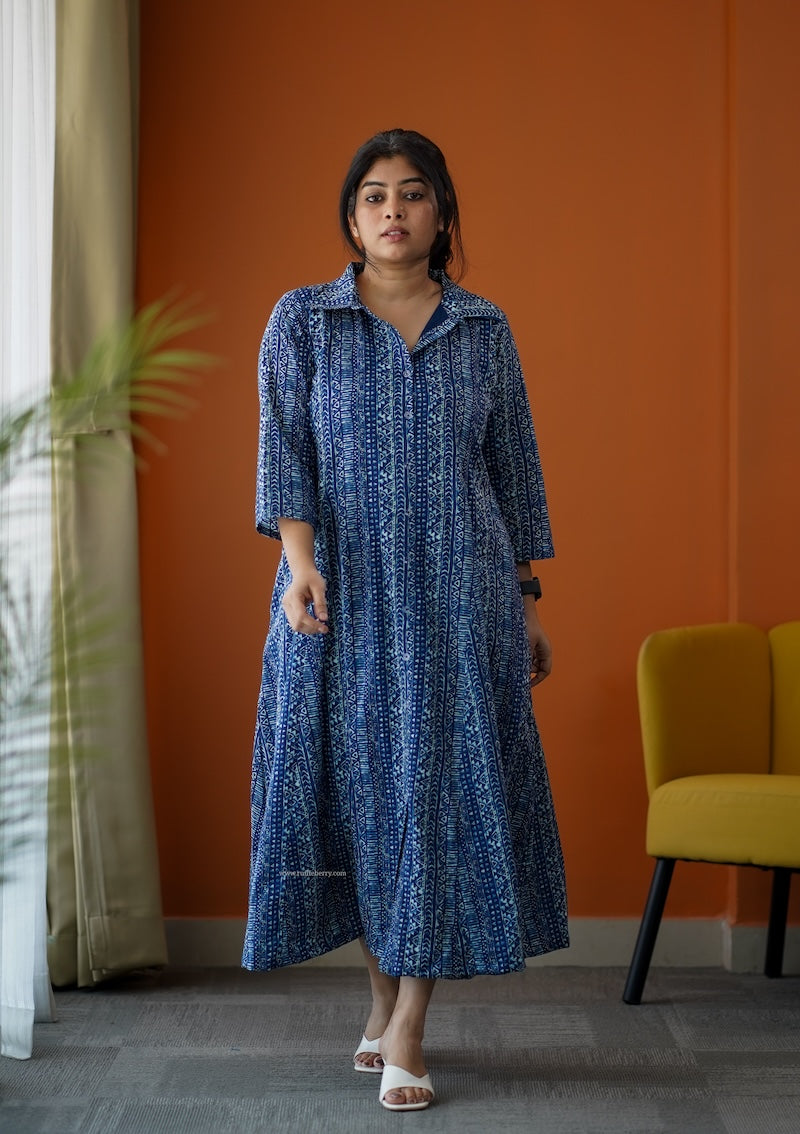 sumlove indigo cotton flared shirt dress