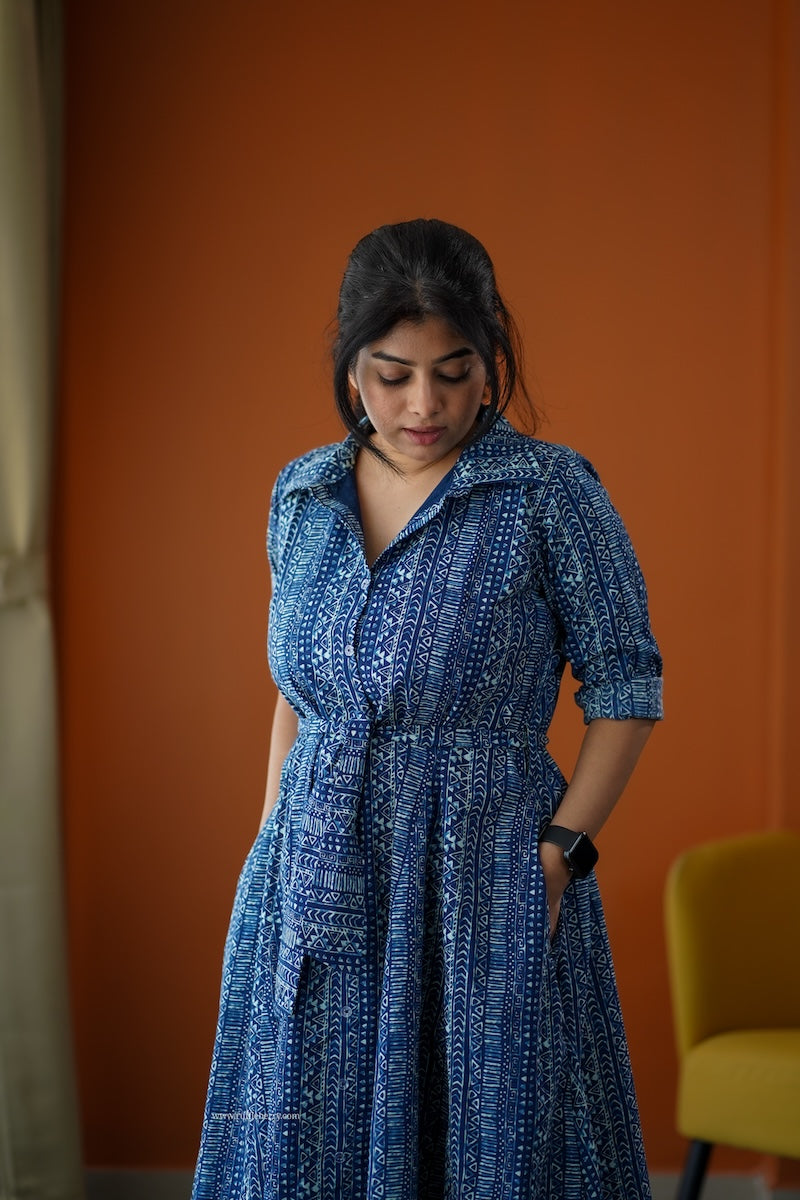sumlove indigo cotton flared shirt dress