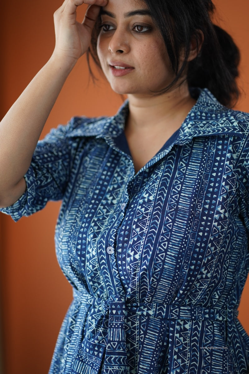 sumlove indigo cotton flared shirt dress