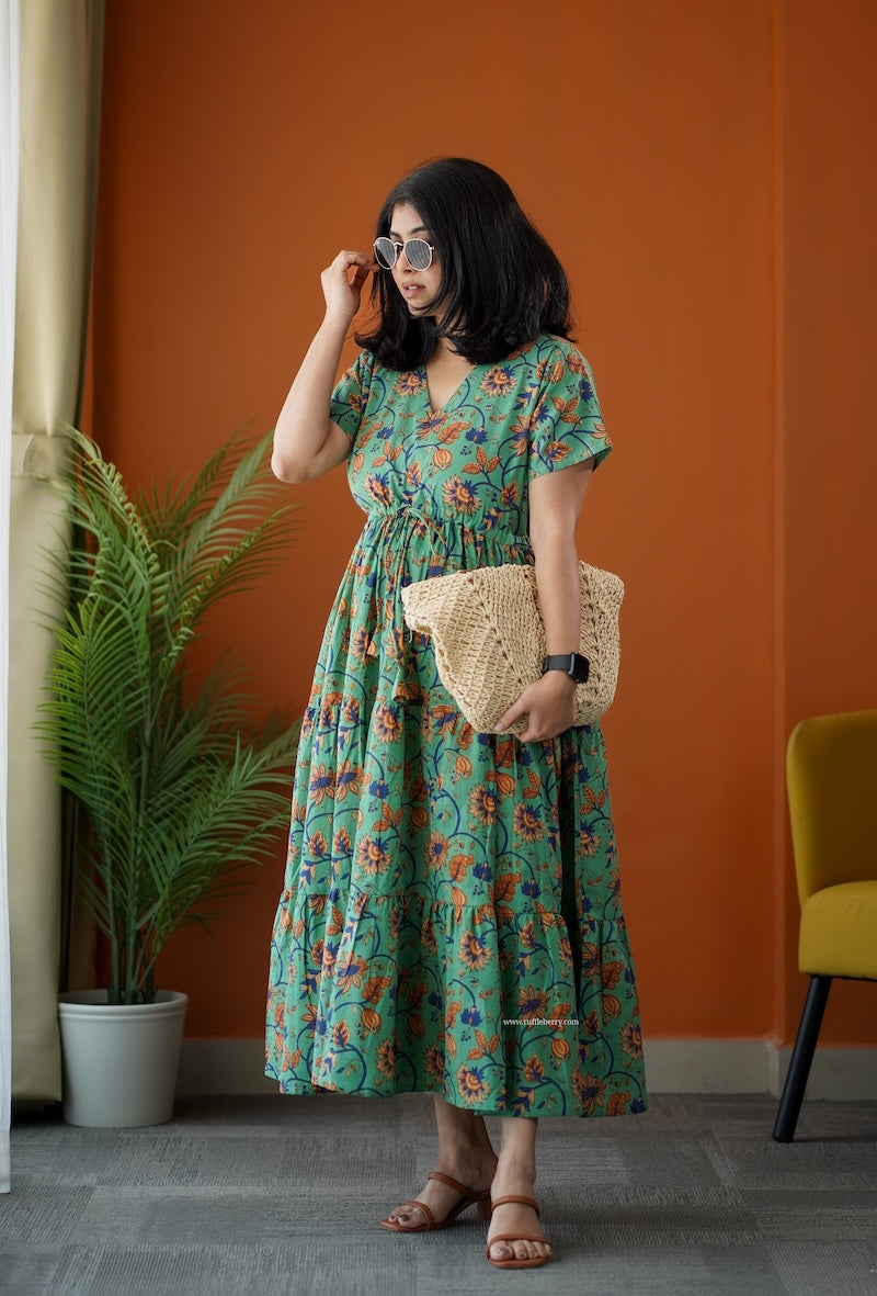 sumlove green cotton tier dress