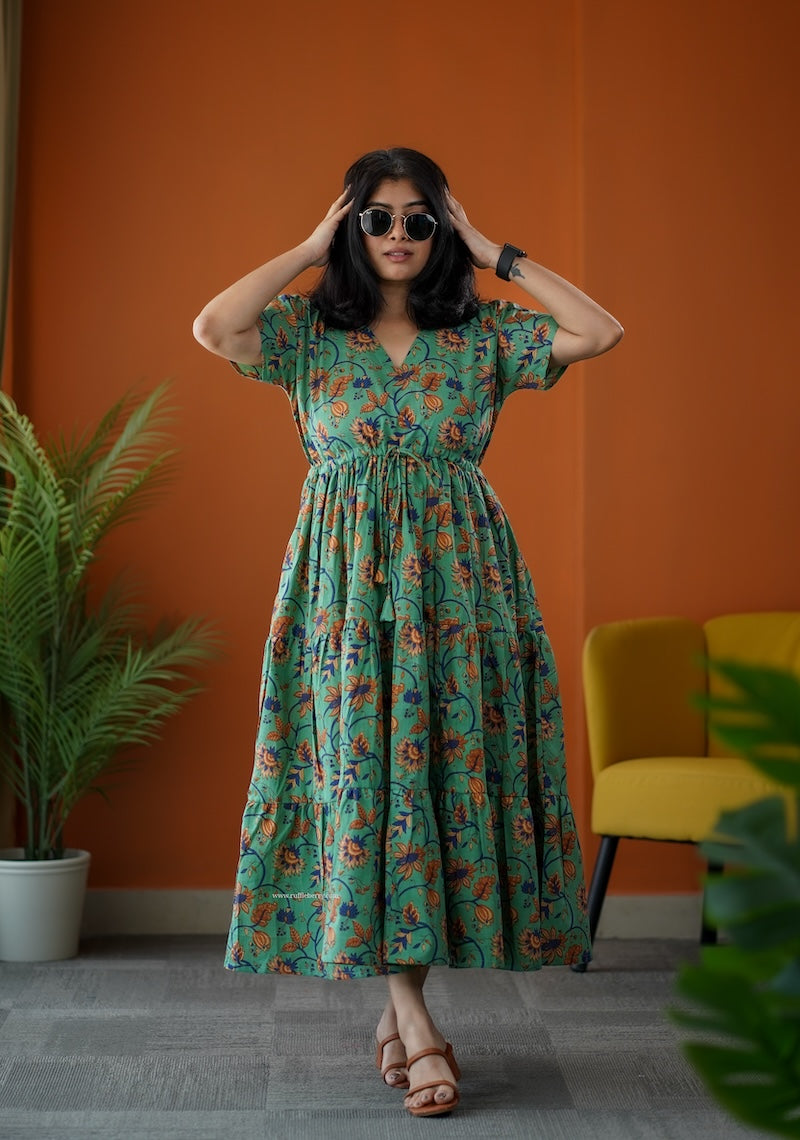 sumlove green cotton tier dress