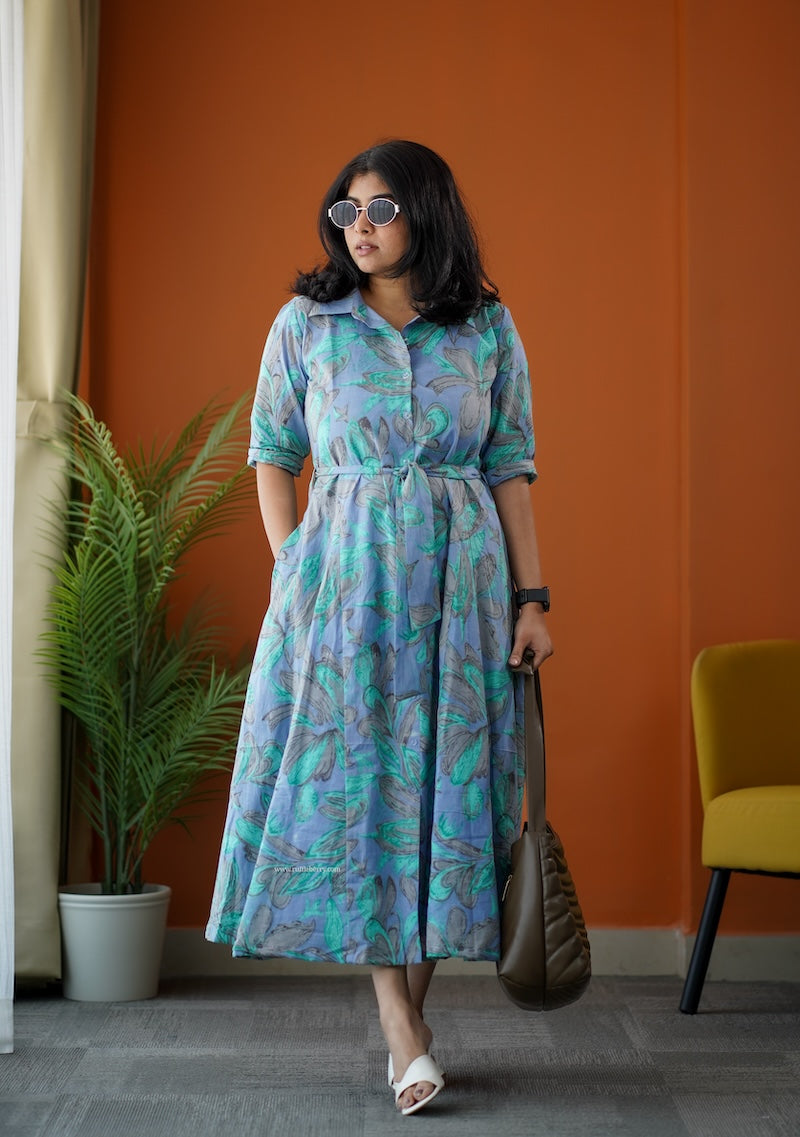 sumlove tropical cotton flared shirt dress