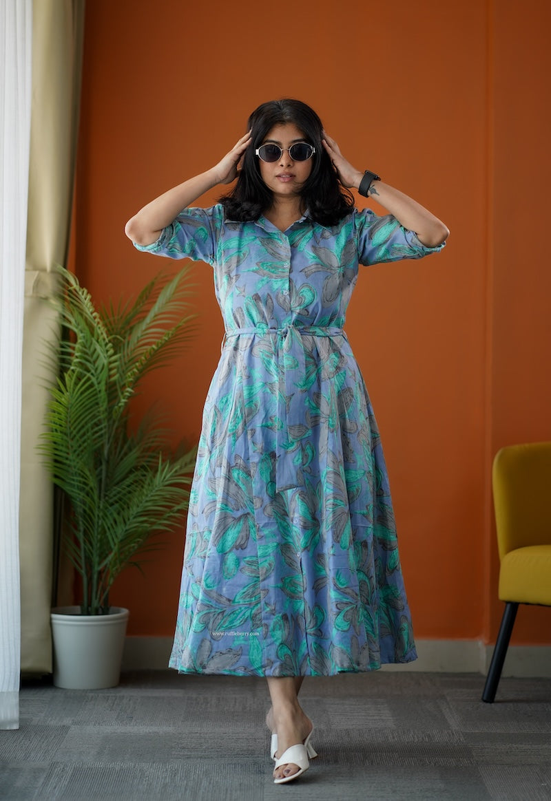 sumlove tropical cotton flared shirt dress