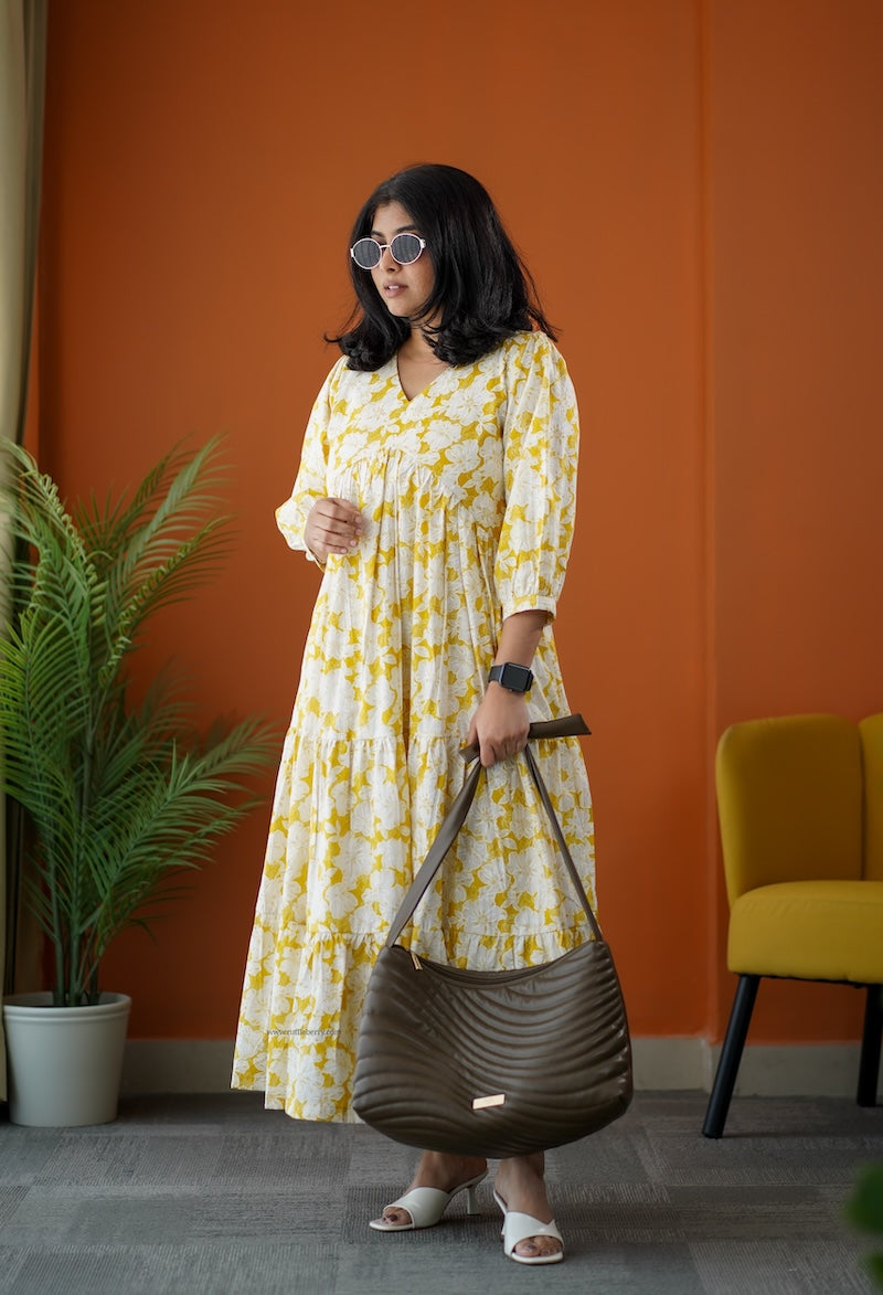 sumlove yellow cotton tier dress