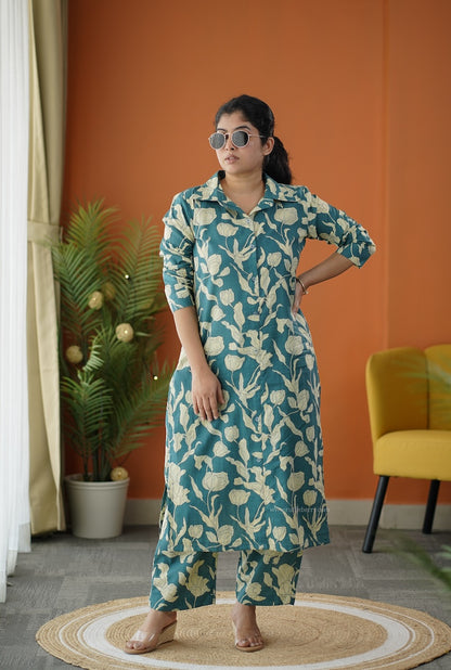 Sapna Teal Blue Cotton Co-ord Set