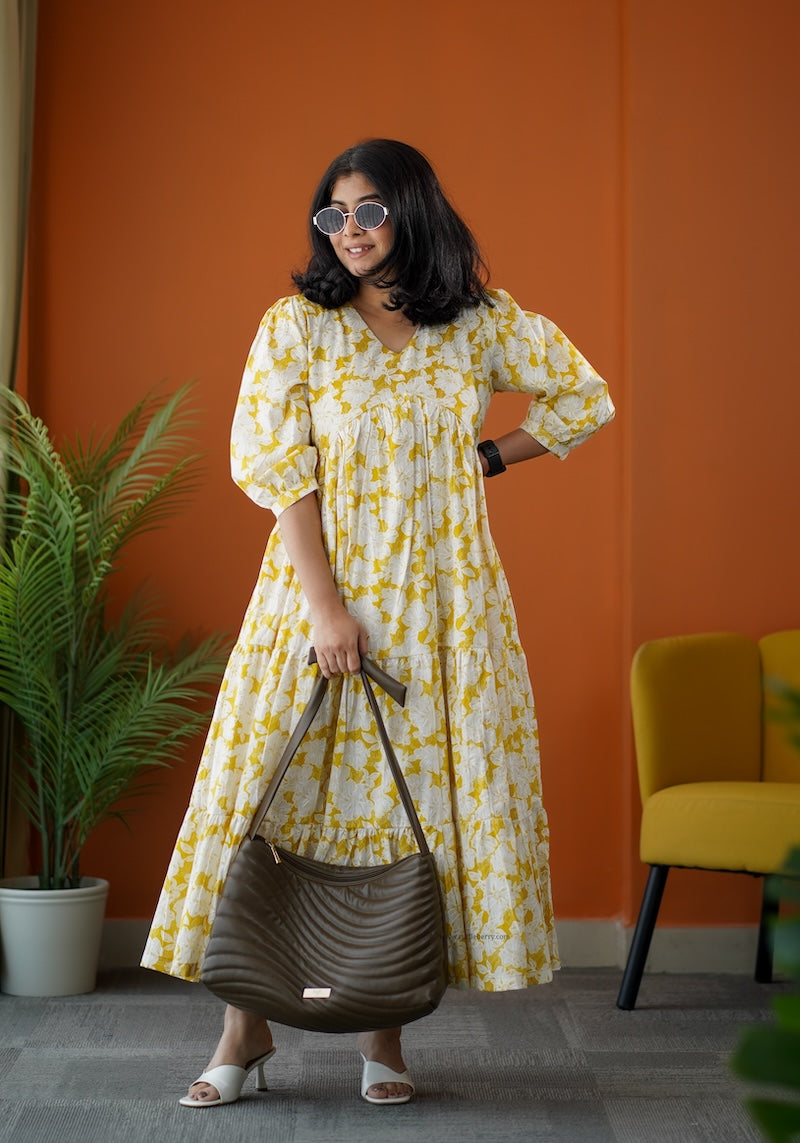 sumlove yellow cotton tier dress