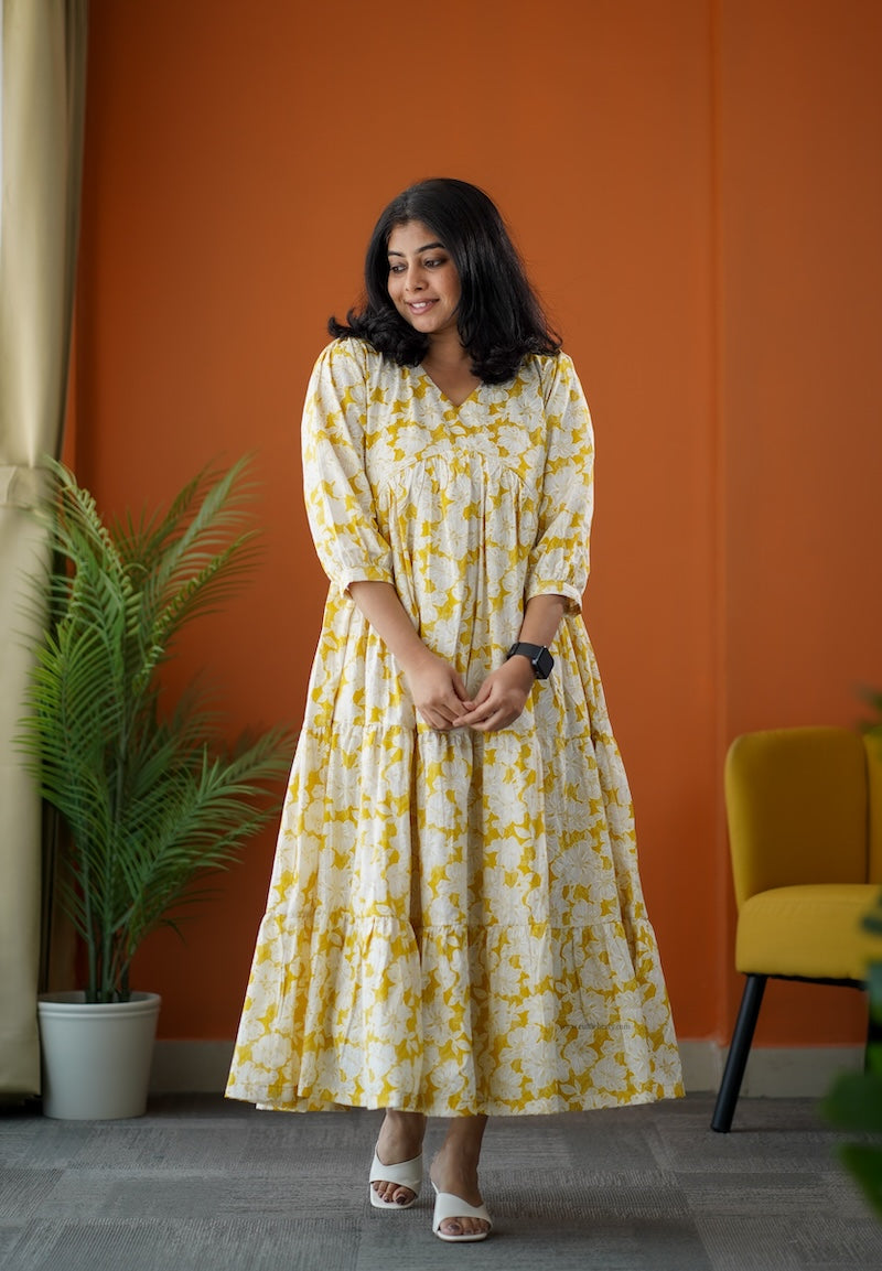 sumlove yellow cotton tier dress