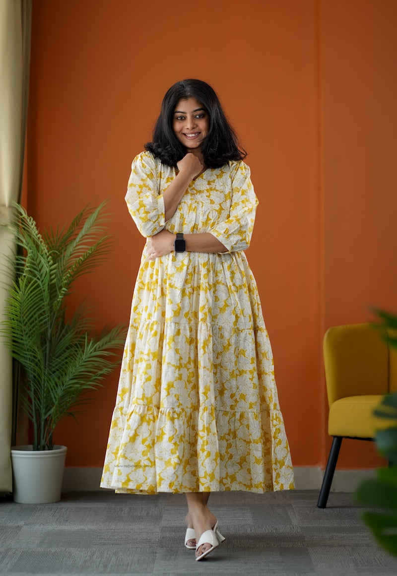 sumlove yellow cotton tier dress