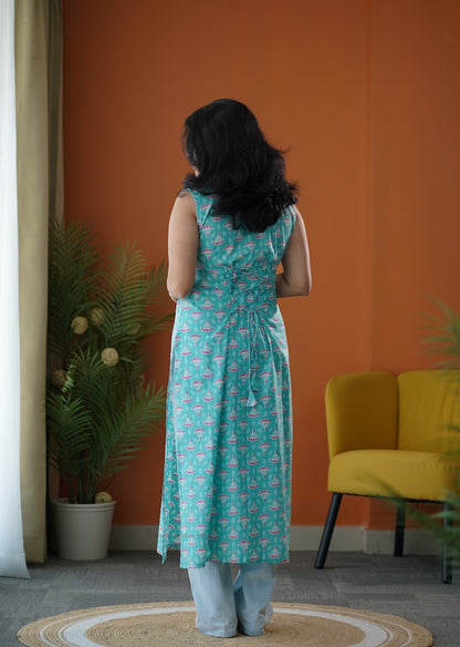 Turquoise Corset-Style Cotton Long Kurti