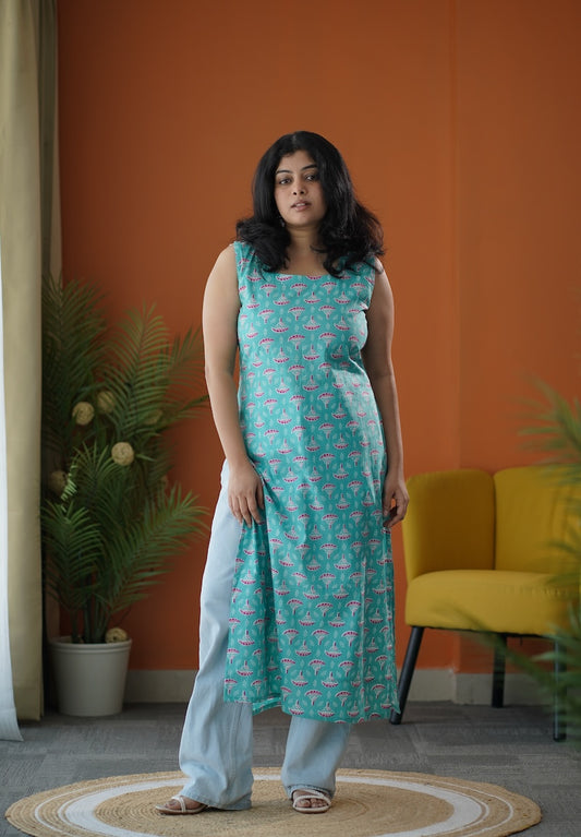 Turquoise Corset-Style Cotton Long Kurti