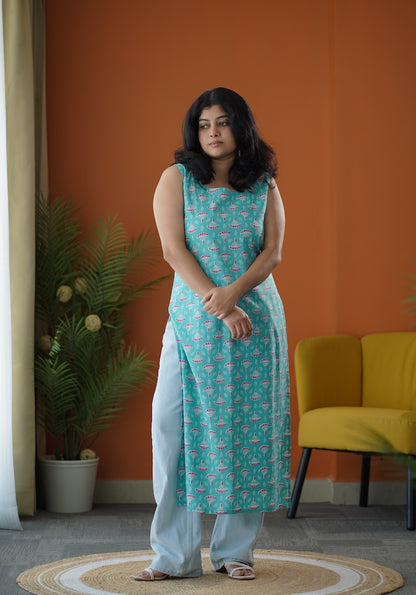 Turquoise Corset-Style Cotton Long Kurti