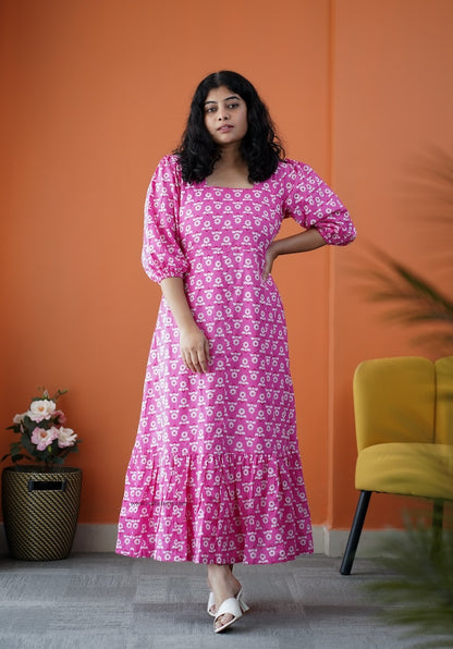 Dahlia Pink Daisy Cotton Aline Dress