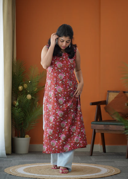 Red Floral Corset-Style Cotton Long Kurti