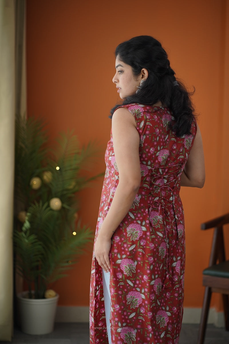 red floral corset-style cotton long kurti