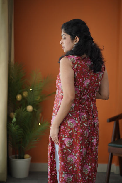 Red Floral Corset-Style Cotton Long Kurti