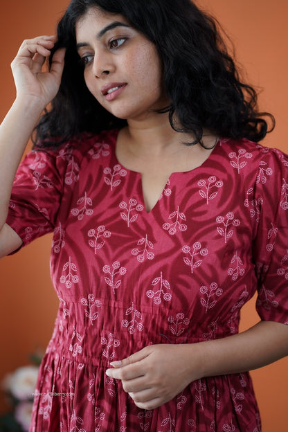 Dahlia Maroon Cotton Tier Dress
