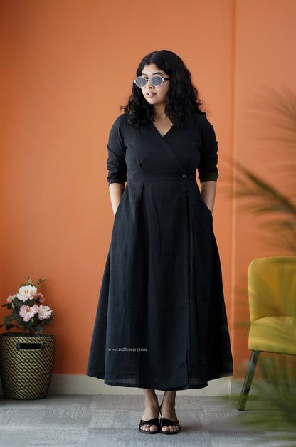 Dahlia Black Cotton Button Wrap Dress