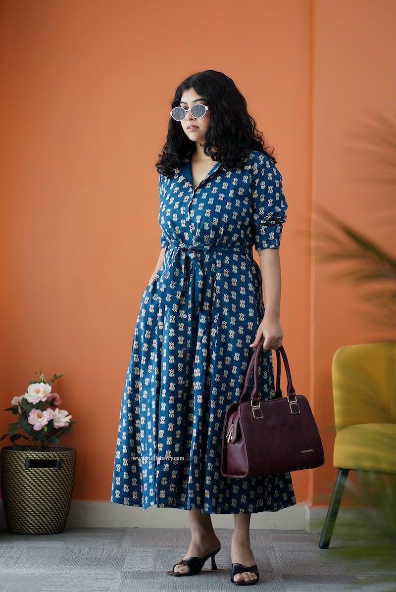 dahlia blue cotton flared shirt dress