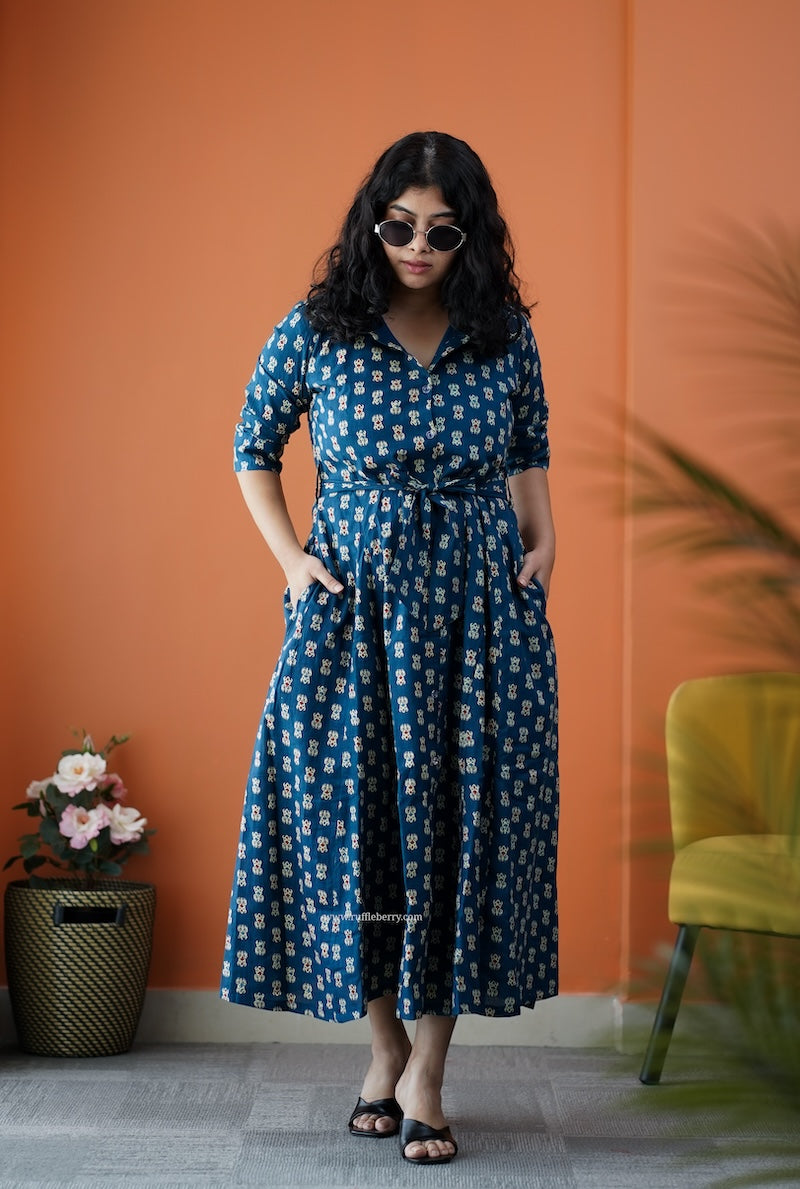 dahlia blue cotton flared shirt dress