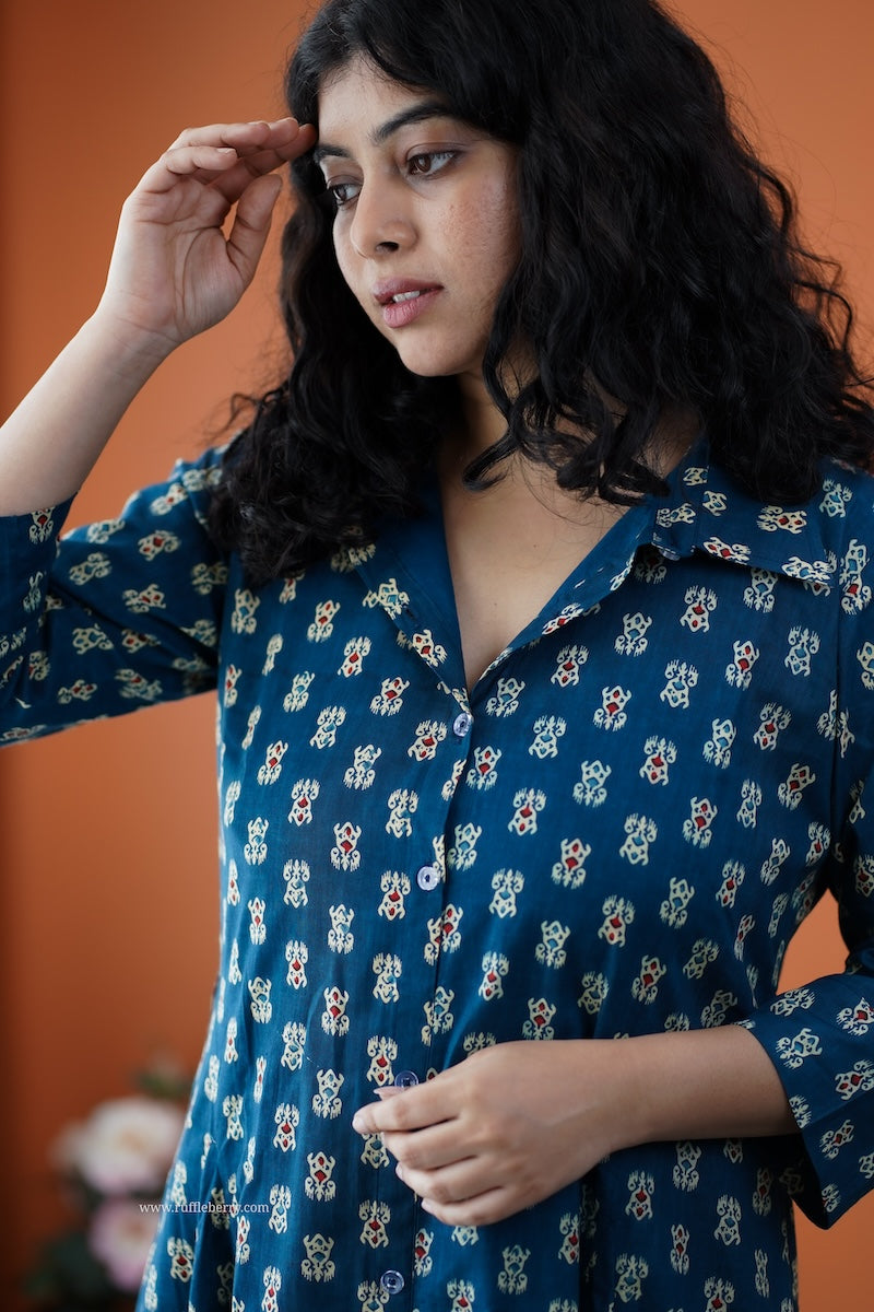dahlia blue cotton flared shirt dress