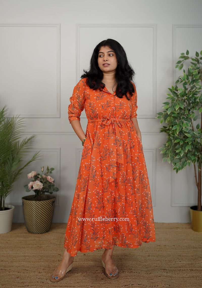 jasbi orange flared georgette shirt dress