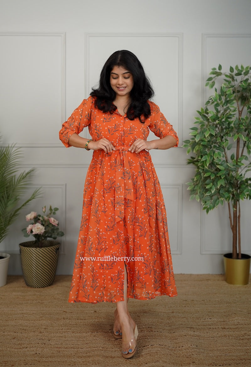 jasbi orange flared georgette shirt dress