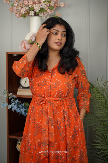Jasbi Orange Flared Georgette Shirt Dress