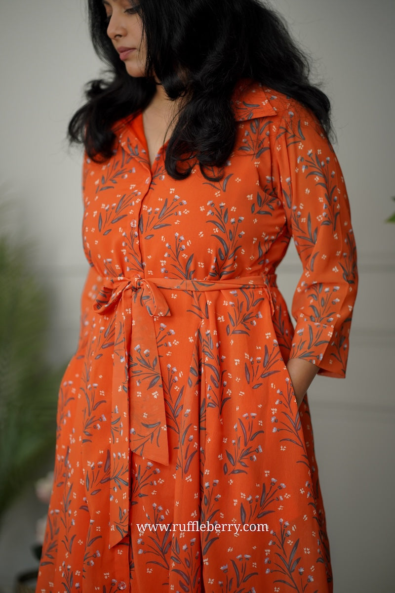 jasbi orange flared georgette shirt dress