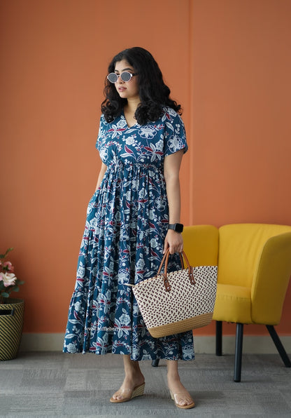 Iris Peacock Blue Cotton A-Line Dress