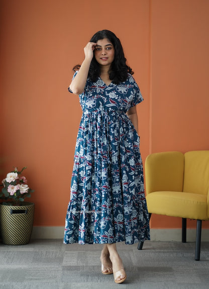 Iris Peacock Blue Cotton A-Line Dress