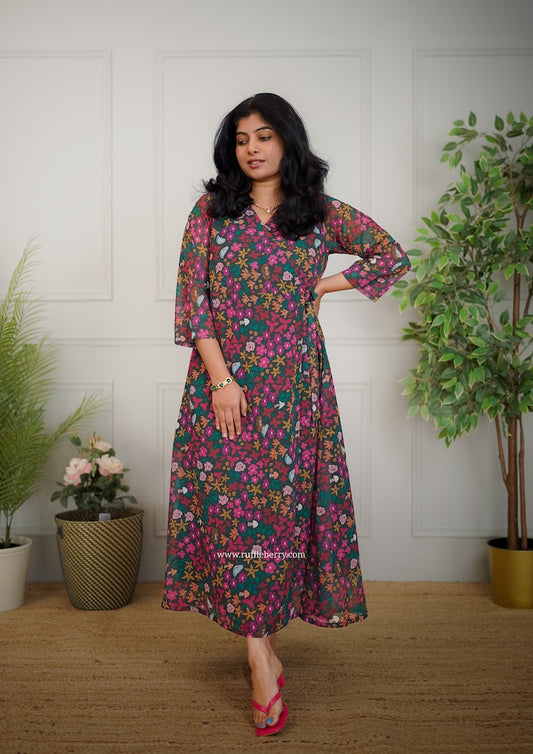 Jasbi Dark Green Georgette Wrap Dress